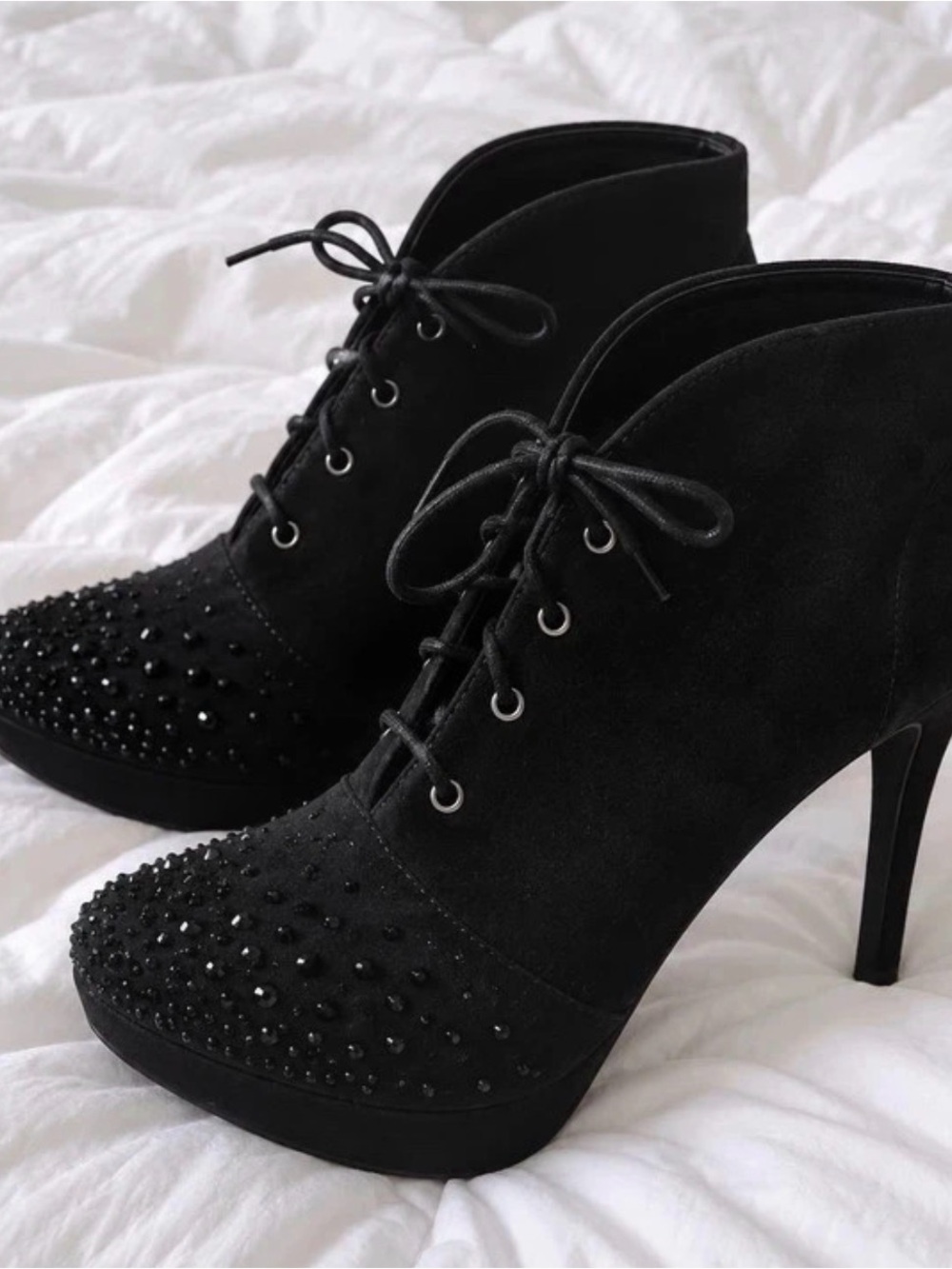 Black Rhinesotne Studded Lace Up Heel Ankle Boots